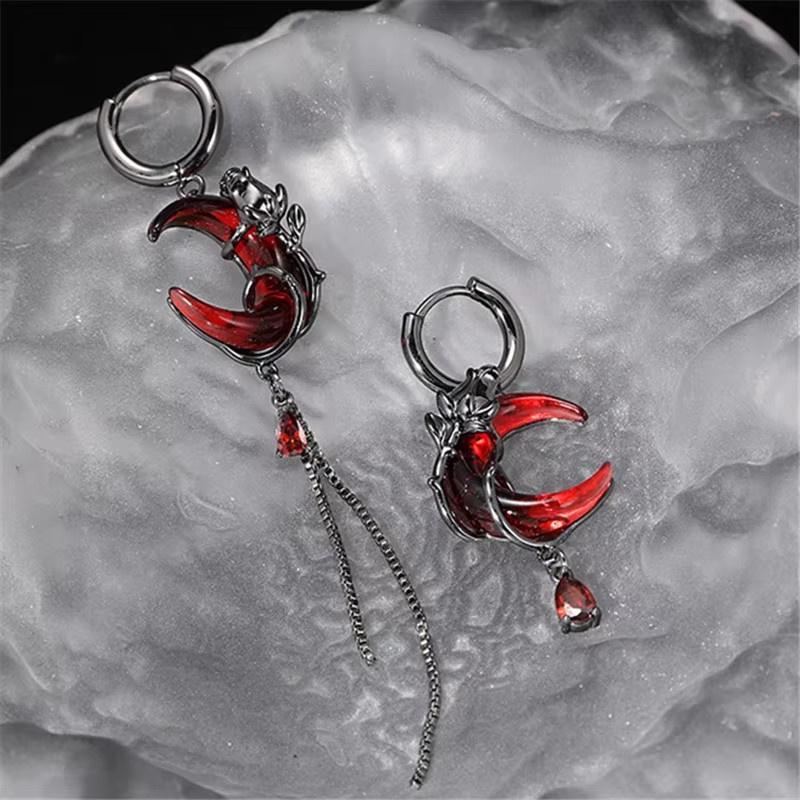 Серьги с асимметричным камнем Red Moon Gem, хип-хоп, готика, темные серьги-подвески, кисточка, цепочка, серьга-капелька, дальняя пряжка, ювелирный аксессуар