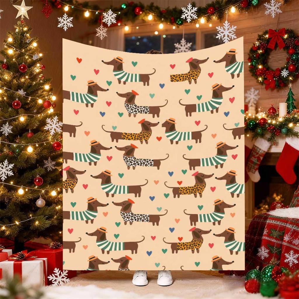 Cute Christmas Dachshund Dog Blanket Warm Cozy Sofa Throw Blanket Holiday Puppy Room Decor Bed Nap Bedspread Blanket New