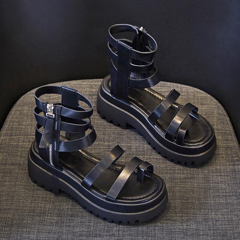 2024 лето новые толстые подошвы дышащие нескользящие боковые молнии показывают высоту римские туфли полые универсальные студенческие женские сандалии