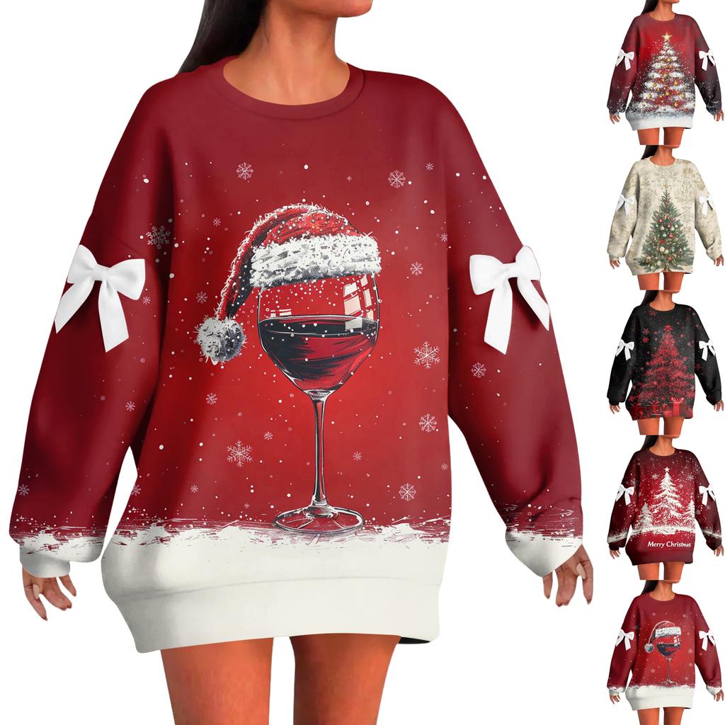 Ladies' Christmas Printed Bow Round Neck Long Sleeved Loose Pullover Sweater Sweatshirt Top