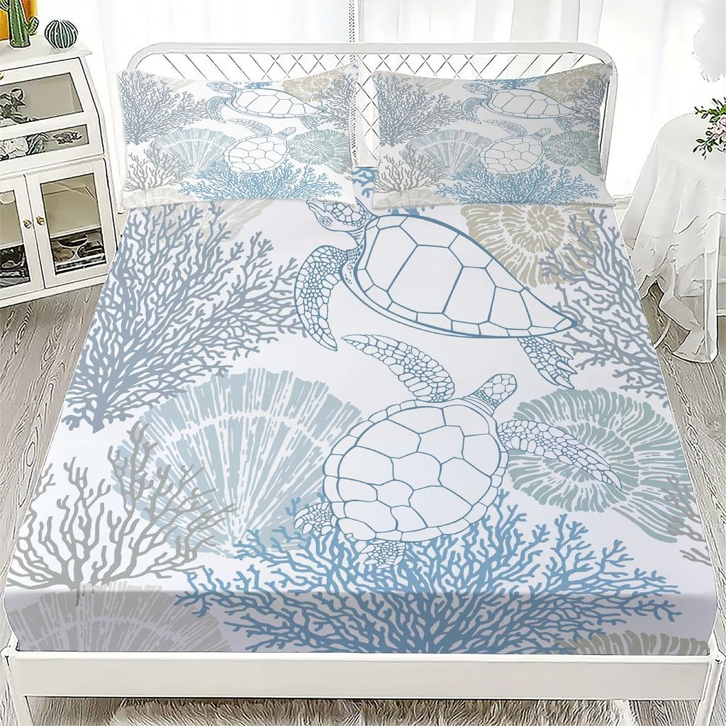 Пододеяльник с морской тематикой, синий, белый, с принтом кораллов, черепах и ракушек, 100% хлопок, простыня на резинке, дышащий, для детской комнаты