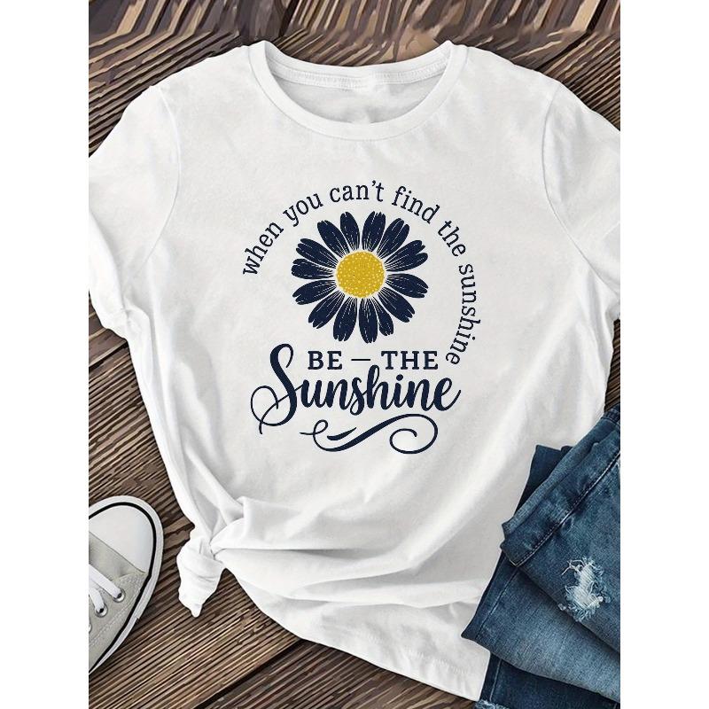 Sunshine Printed T-Shirts, Patterned Printed Round-Neck T-Shirts, Round-Neck Short-Sleeved T-Shirts, Round-Neck Tops, Casual Short-Sleeved T-Shirts