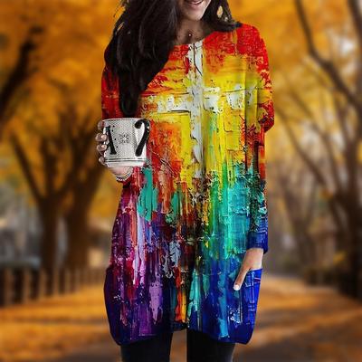 Новинка осени Цветной крест принт плюс размер платье женщины O'neck Длинные рукава повседневные карманные платья