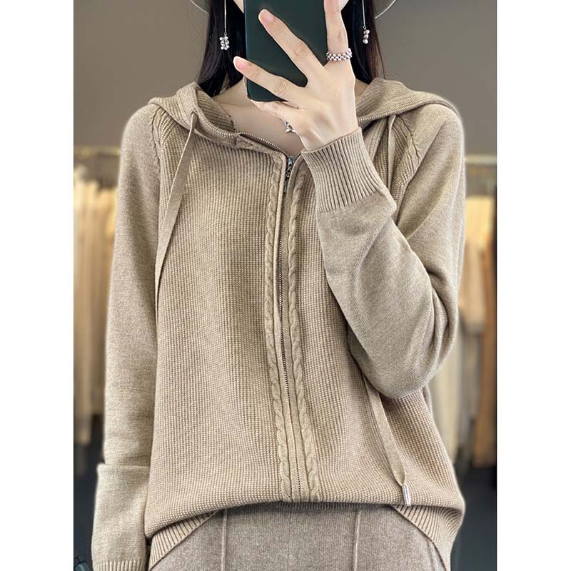 Женская кардиган с капюшоном на молнии, трикотажная куртка, однотонный свитер, повседневная толстовка с капюшоном, теплая трикотажная куртка в стиле Харадзюку на осень и зиму