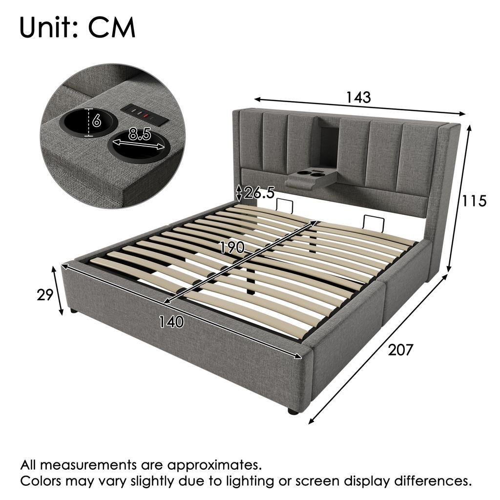 Upholstered Double Bed 140x190 cm with Cup Holder & Charging Station, Hydraulic Storage under Bed, Slatted Frame, Linen Grey (Without Mattress)