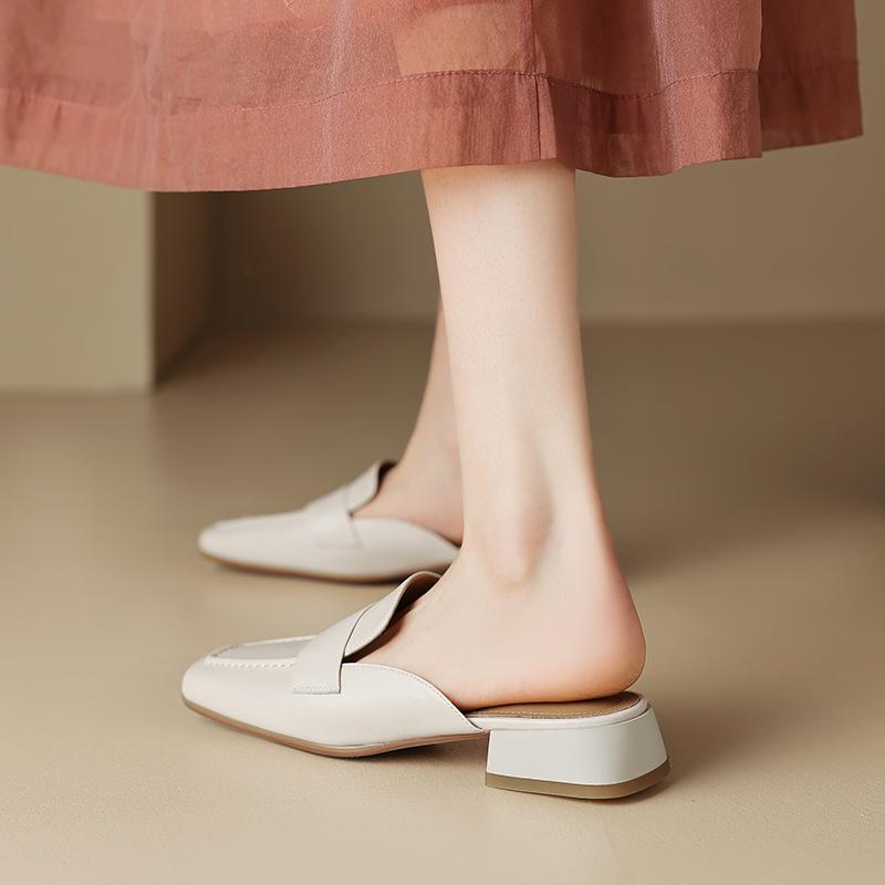 Мода 2025 Лето Женские Мюли Натуральная Кожа Женская Обувь Квадратный Носок Низкий Каблук Обувь Закрытый Носок Слипоны Женские Сандалии Ретро Шлепанцы