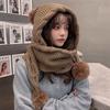 Women's Korean Style Versatile Knitted Hat Scarf Integrated Cute Pom Pom Ear Protection Thickened Warm Hat for Autumn Winter