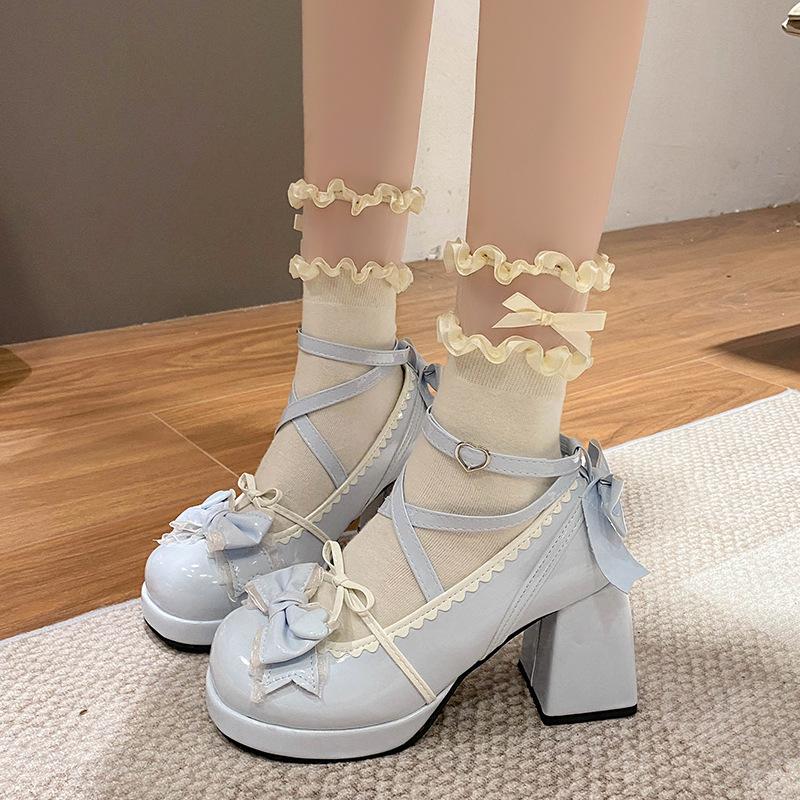 Small Leather Shoes Bow Cute Mary Jane Shoes 2025 New Loli Women Sweet Lace Edge Thick Heel Buckle Leather Shoes