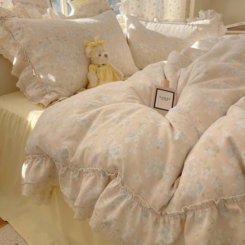Комплект постельного белья из четырех предметов с двойной нитью, кружевной в принцессном стиле, приятный для кожи, дышащий, стиранные простыни, пододеяльник, наволочка