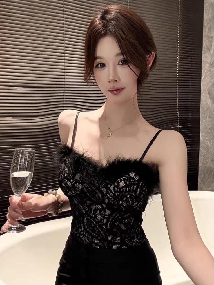 Элегантный strapless топ-камисоль с кружевом и перьями, с меховой подкладкой, женский осенне-зимний бандо-топ