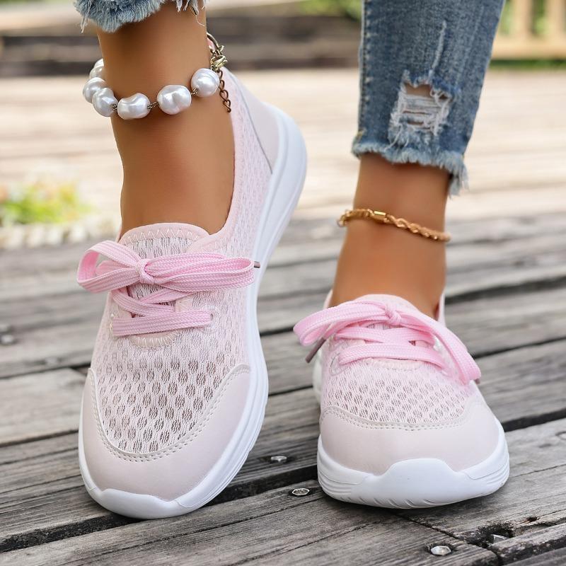 Fashion Women's Flat Sneakers Fall New Round Toe Deep Mouth Splice Mesh Lace-Up Front Soft Slip Sneakers