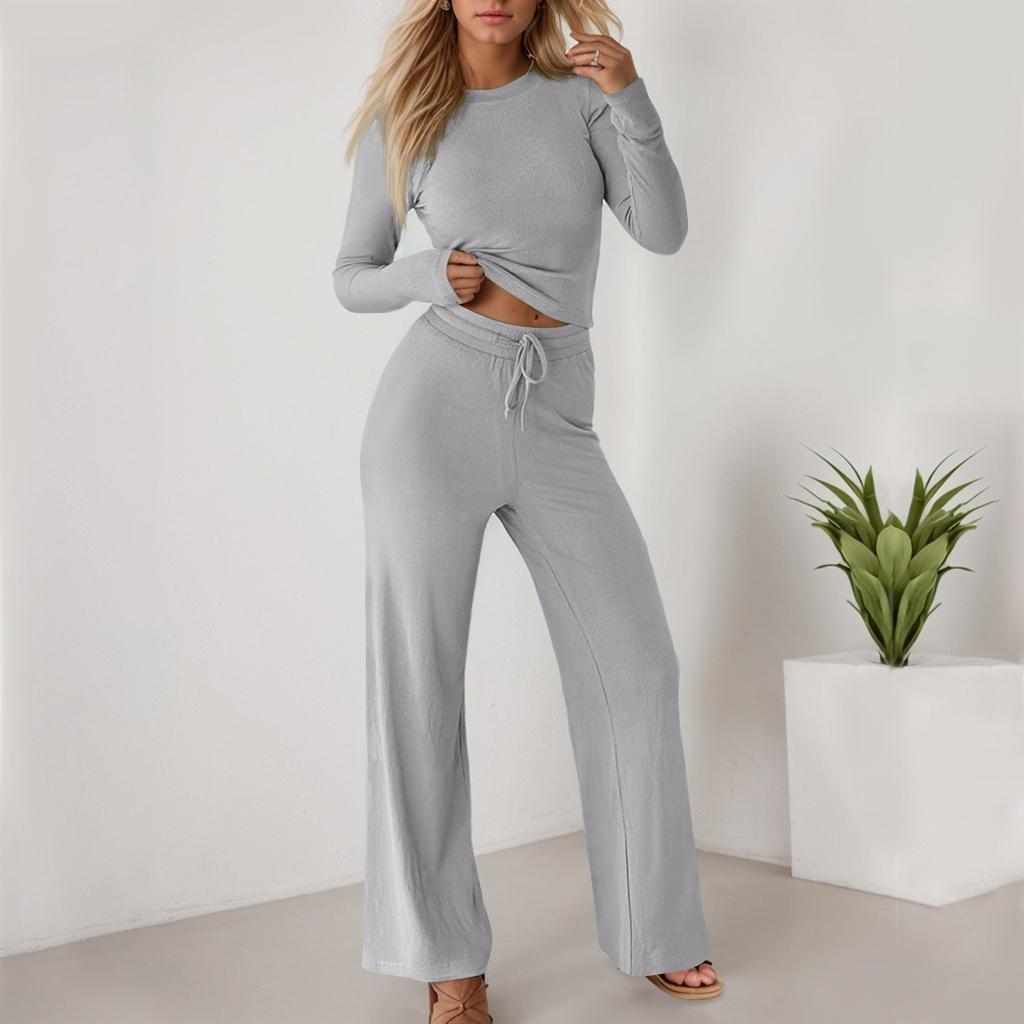 Женская спортивная одежда, повседневный короткий топ, длинные брюки, однотонный комплект из двух предметов, комплект с длинными рукавами