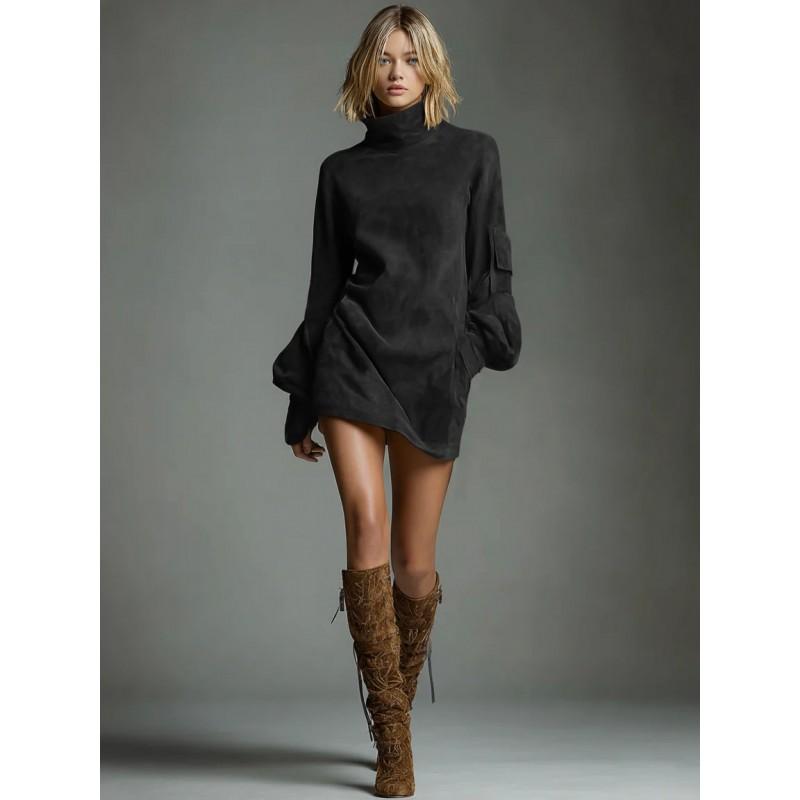 Suede Velvet Mini Dress With High Neck Long Sleeves Pockets Straight Fit Casual Elegant Womens 2025