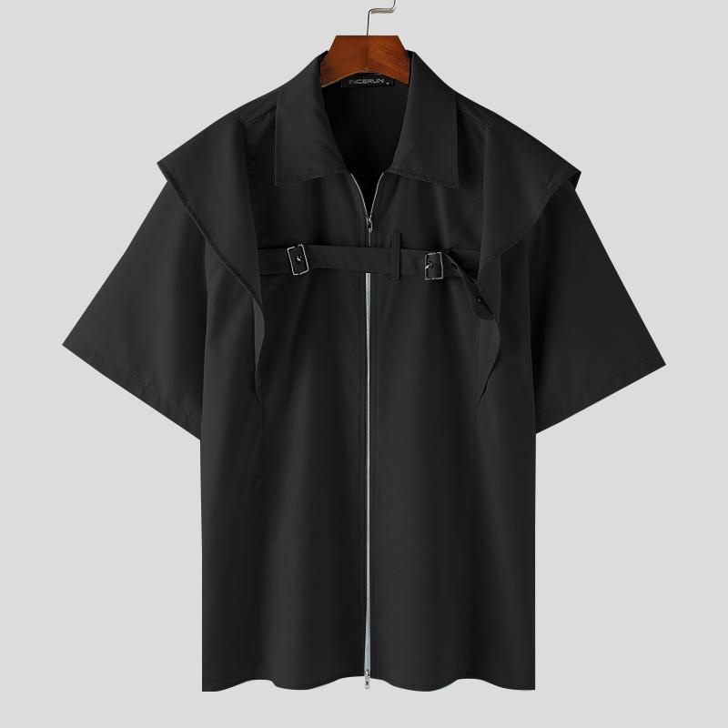 INCERUN Мужские топы с короткими рукавами и оборками, летние рубашки-карго на молнии