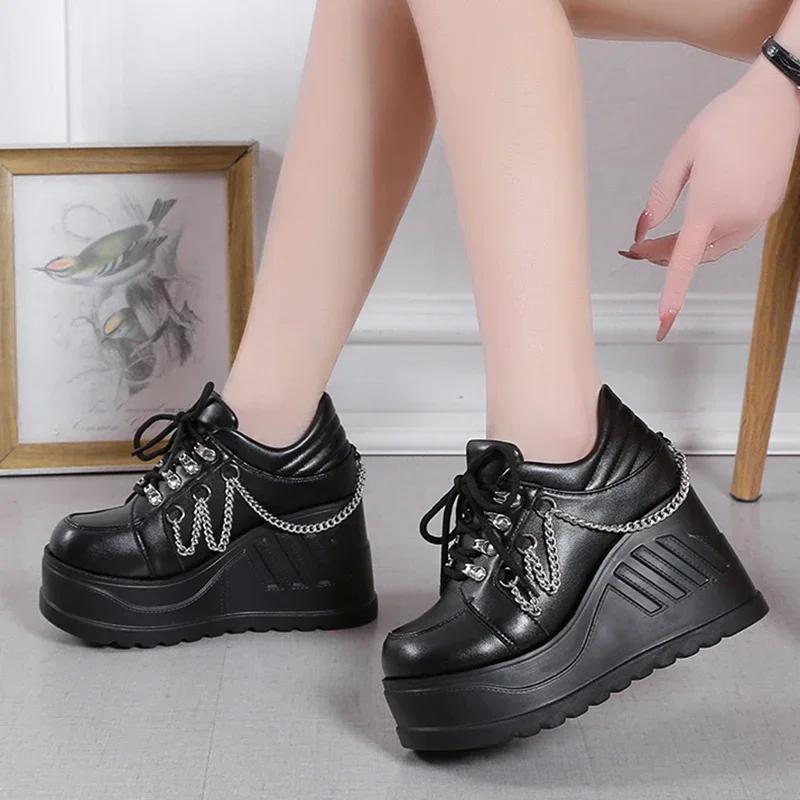 2024 New Metal Chain Punk Gothic Shoes Woman Thick Bottom High Wedge Sneakers for Women 2024 New Black Chunky Platform Shoes