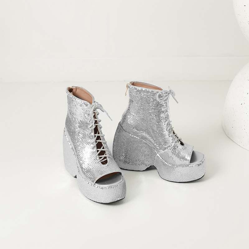 Krazing Pot Блестящая ткань весна лето размер 43 размер 42 женские платформы женские открытый носок сексуальные летние сапоги на шнуровке туфли-лодочки