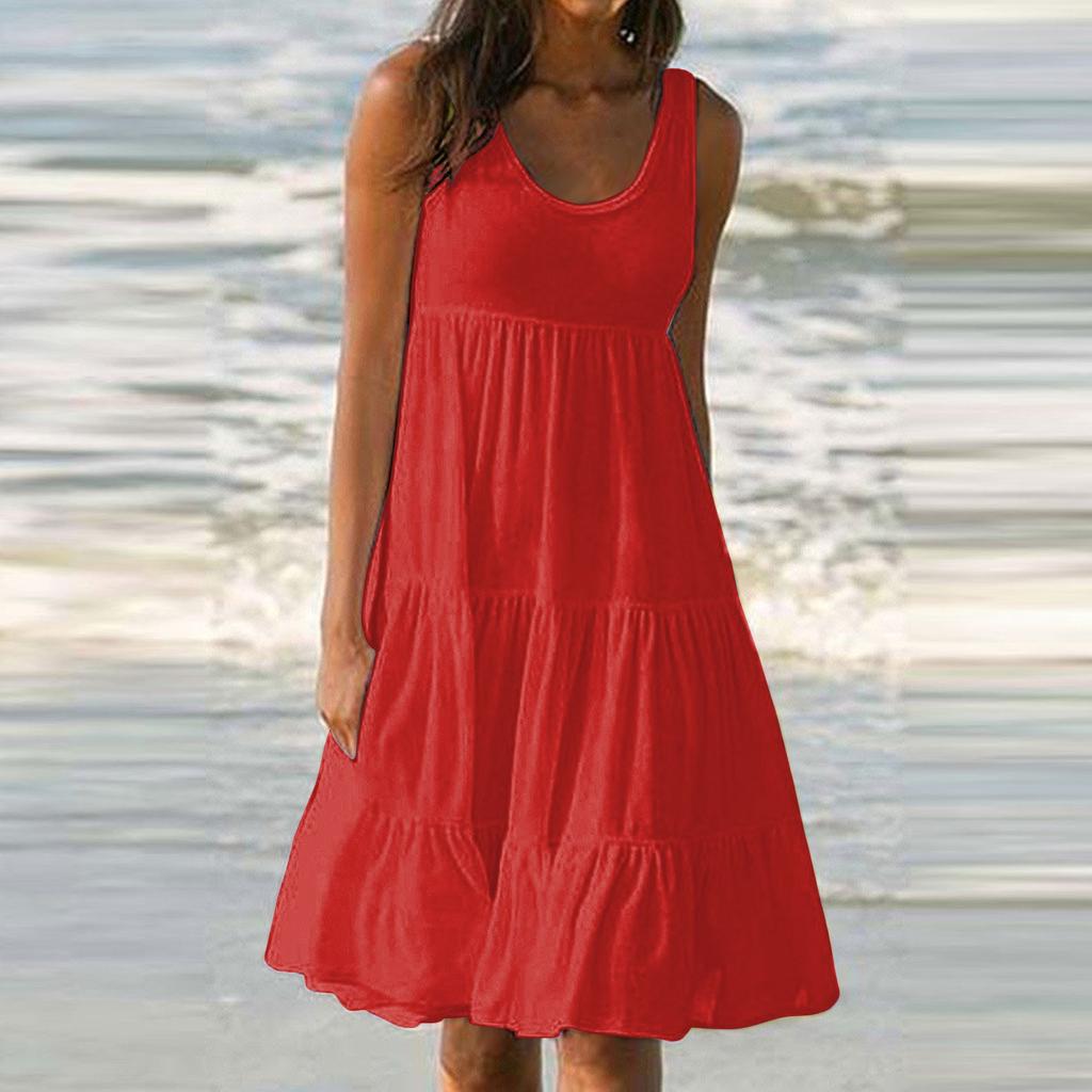 Женские платья-жилеты Лето-весна Плиссированные богемные платья Симпатичные струящиеся пляжные платья без рукавов Прямая футболка Платья-майки Платья с круглым вырезом