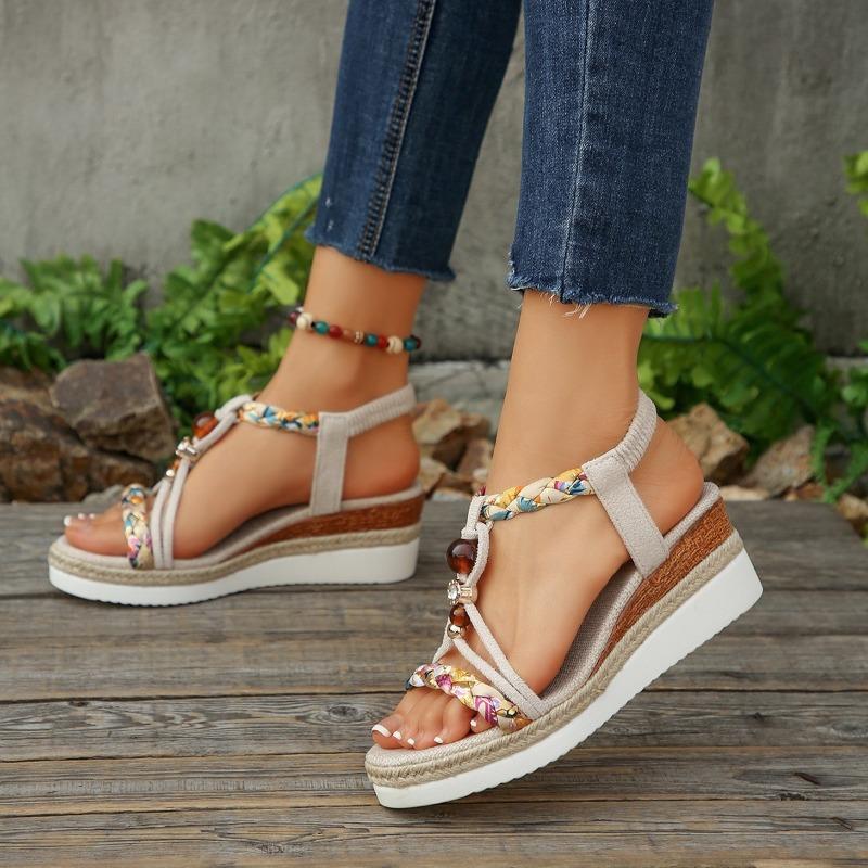 Women's Wide Width Ethnic Sandals, Beaded Elastic Wedge Slides, Wholesale Summer Shoes In Stock