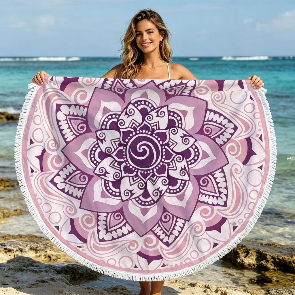 Customized Digital Printing Large Bohemian Floral Terry Microfiber Knitted Round Beach Towel for Summer Home Use