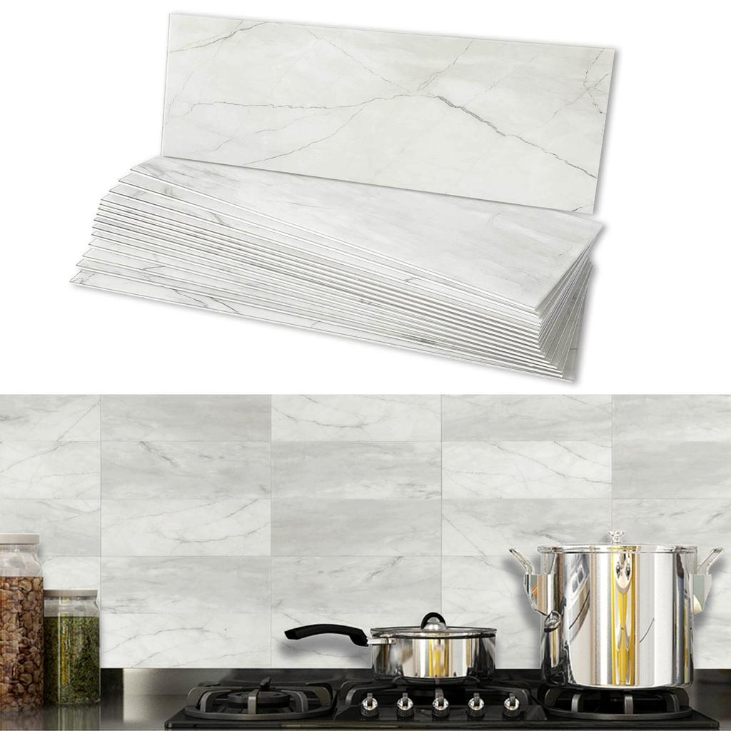 Es DECOR Kitchen Tile Sheet Waterproof Heat Resistant Marble Style Tile Seal Washroom Wall Panel DIY 16 Sheets Gray Sheet, (98x298mm) (Light D10)