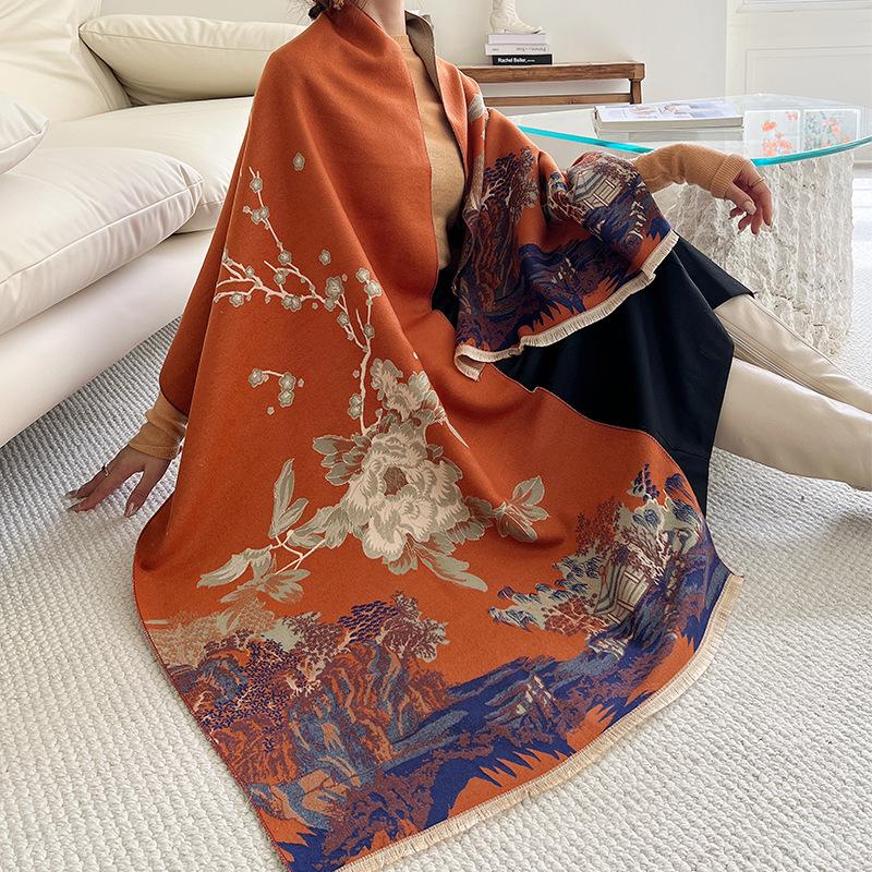 New Winter Imitation Cashmere Scarf for Women Literary Light and Luxurious Style Jiangnan Jacquard Scarf Plus Velvet Warm Shawl