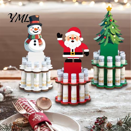 Rustic Wood Table Decorations Wooden Christmas Money Holder Stand, Santa Snowman Tree Cash Festive Desktop Clip Display, Holiday Tabletop Ornament for