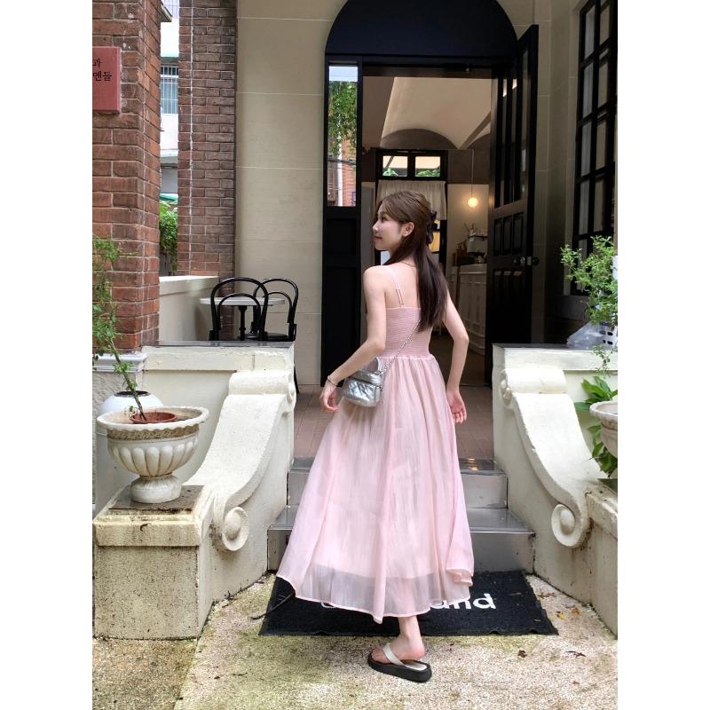 Sweet Fairy Style Party Midi Dress Women Summer New Date High Sense Slimming Pink Clothing Female Gentle Princess Strap Dress