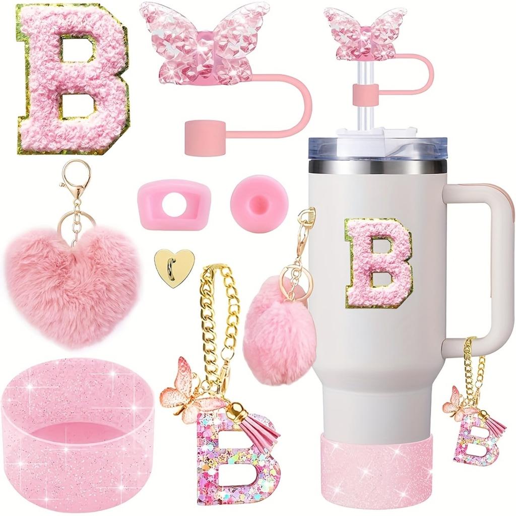 8pcs Cup Accessories for Cup 30oz 40oz Includes Butterfly Straw Cover Cap Silicone Boot Alphabet Handle Charm Initials Sticker