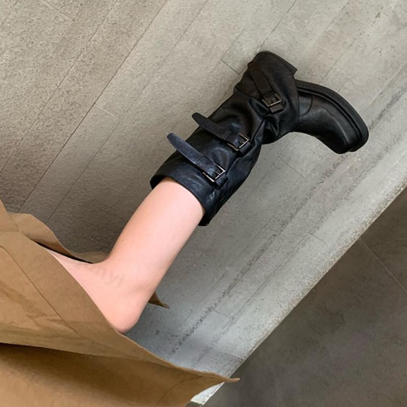 Модные женские рыцарские сапоги 2025 Осень Зима Новые модные сапоги до середины икры с ремешком и пряжкой Винтажные Удобные Нескользящие Туфли на высокой подошве
