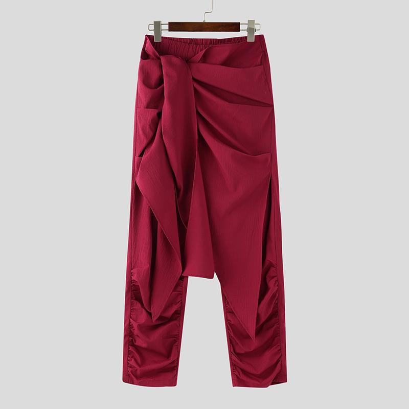 INCERUN Мужские повседневные длинные шаровары с высокой эластичной талией и оборками