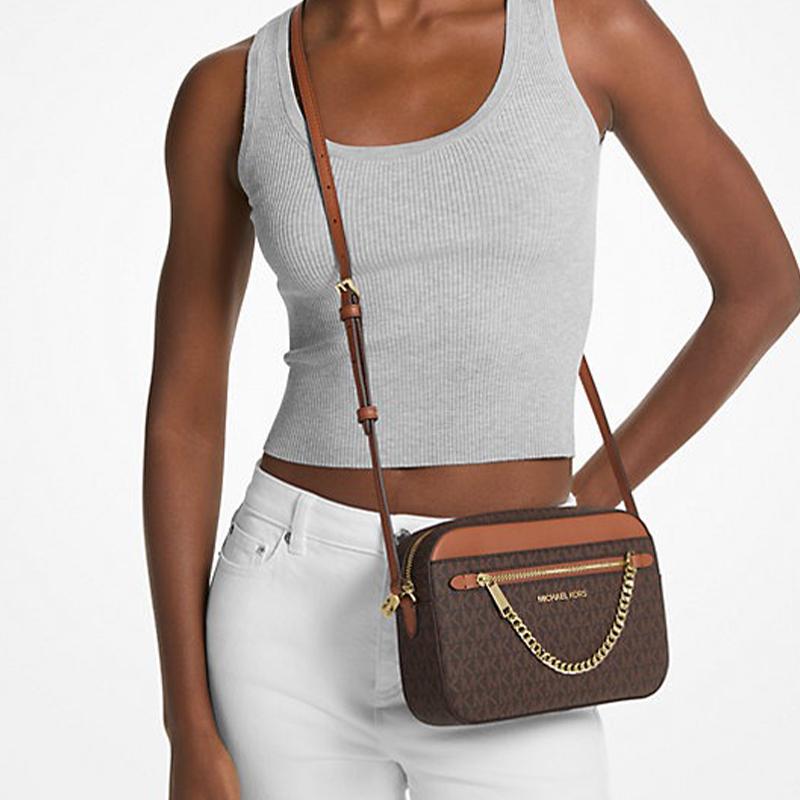 Michael Kors Mk Jet Set Сумка-камера с монограммой и цепочкой из ПВХ и кожи Женская сумка через плечо Карамельный Желудь 35S1GTTC9B-BROWN