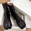 Luxury Brand Design Leather Tabi Boots Fashion Round Chunky High Heel Ankle Boots For Women Autumn Winter Split Toe Shoes