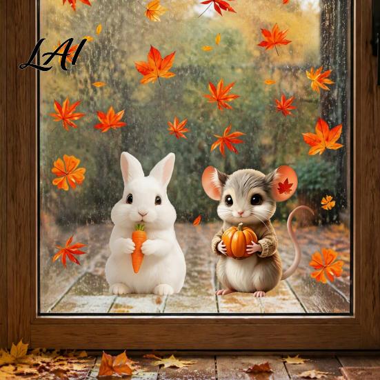 Indoor Outdoor Window Decorations 2Pcs Fall Cartoon Static Clings Cute Bunny & Mouse Stickers No‑Glue Easy Peel Stick Glass Stickers PVC