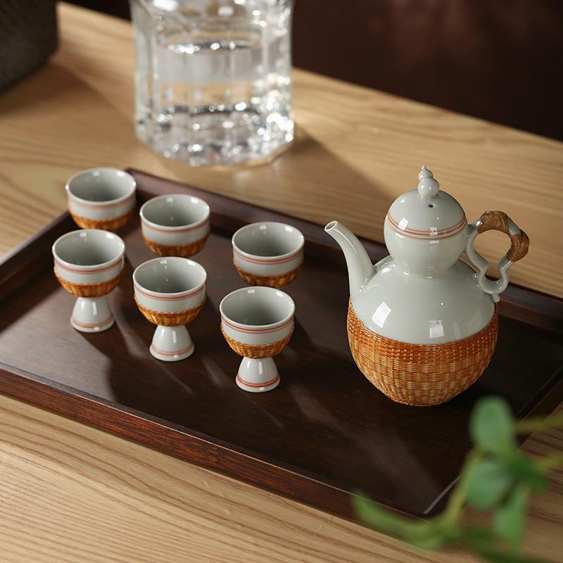 Chinese Bamboo-Woven Ceramic Sake Set With Traditional Pouring Pitcher Small Cups Home Use