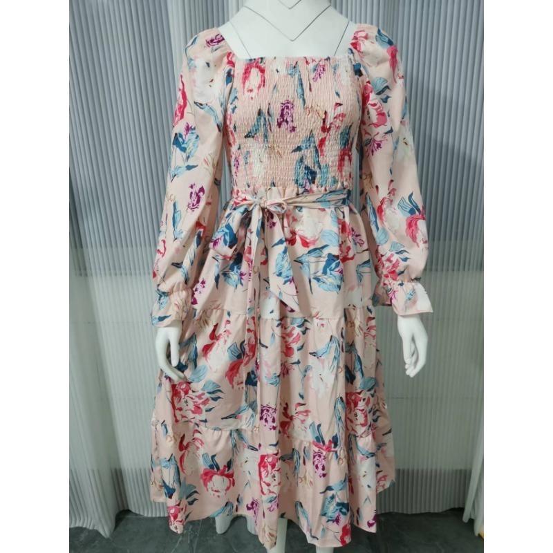Summer Square Collar Floral Print Dress Women Elegant Fashion Long Sleeve Vintage Dress Plus Size High Waist A-line Party Loose Casual Dresses 1330