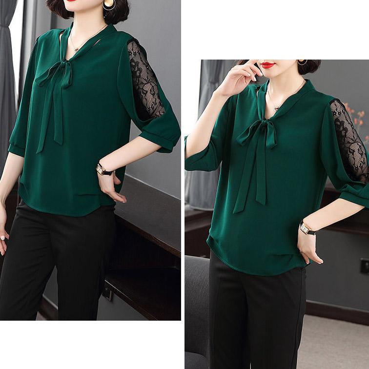 Женская летняя шифоновая рубашка с рукавами три четверти, однотонная блузка с полыми кружевными рукавами и бантом для женщин