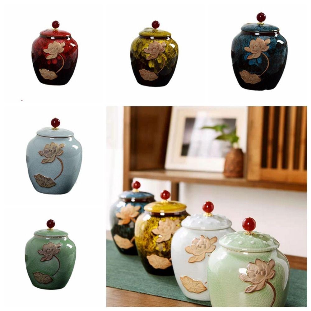 Ceramic Tea Jar Chinese Food Storage Container Easy To Clean Sealed Pot Kitchen Canisters