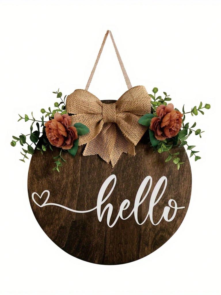 1 Piece Wooden Round Hello Welcome Wreath Sign Hanging Decorating Front Door, Farmhouse Porch Sign and Artificial Greenery