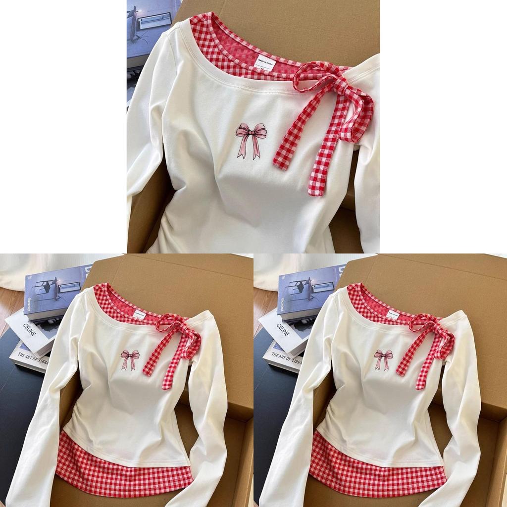 Girls Long Sleeve T Shirt With Colorblock Plaid Pattern For Spring Casual Wear