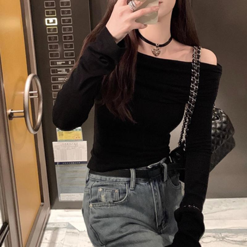 Весенняя новинка с длинным рукавом и вырезом-лодочкой, сексуальная женская модная элегантная футболка с открытыми плечами, женская уличная облегающая плиссированная женская футболка 26058