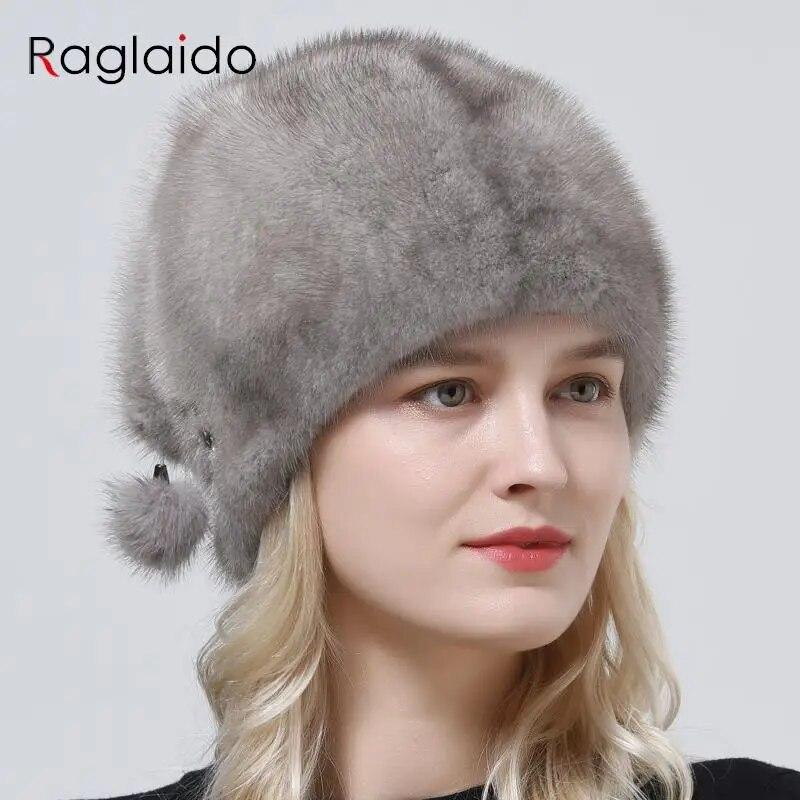 High Quality Real Mink Fur Hat Luxury Women Elegant Whole Skin Geniune Fur Hat Full Pelt 3 Balls Diamond Tail Hat Warm Snow Caps