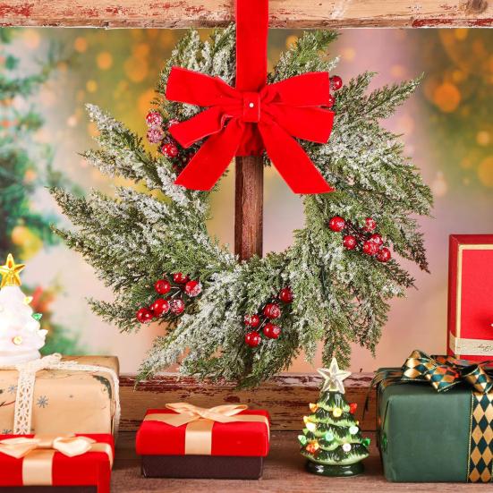 Christmas Wreath for Windows 10 Inch Small Artificial Greenery Wreath with Berries And Red Bow for Winter Fireplace Home Decor