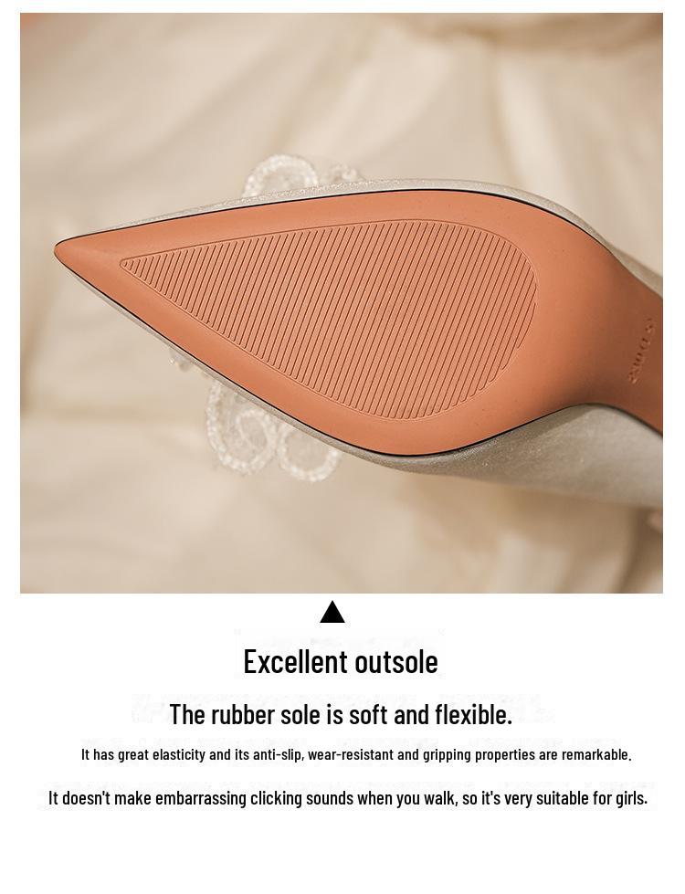 White Satin Stiletto Heels with Rhinestone Bow for Weddings and Banquets