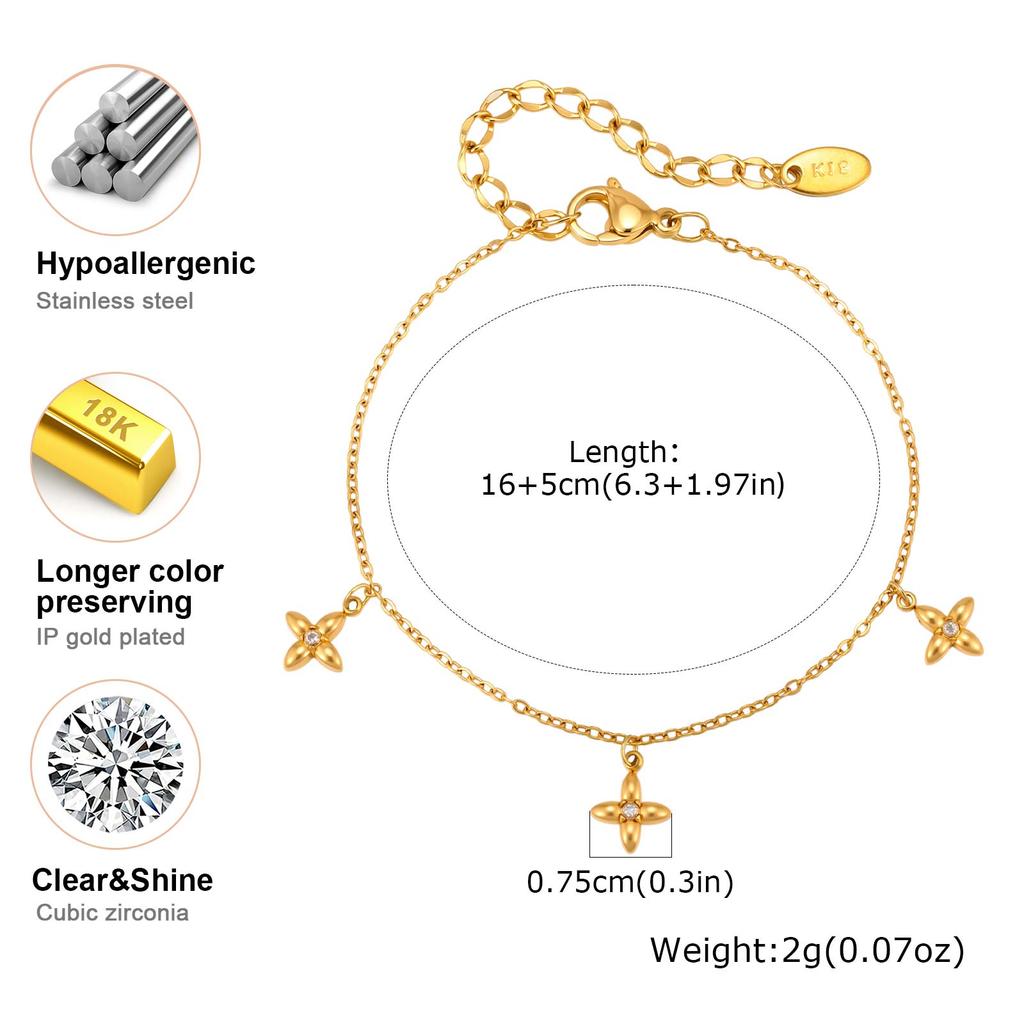 Dainty White Zircon Lucky Four Leaf Flower Charm Bracelet for Women, Stainless Steel Bracelets, Waterproof Fashion Jewelry