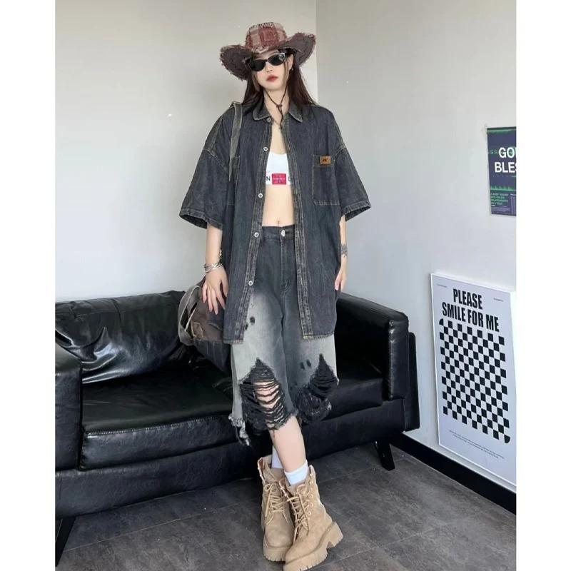 Джинсовые шорты Harajuku с дырками Y2K Женские уличная одежда Винтажные джинсовые шорты с градиентом Американский ретро Дизайн в стиле хип-хоп Шорты