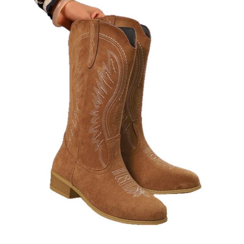 Женские осенние замшевые ковбойские сапоги в западном стиле - высокий каблук, вышивка, ретро, модные