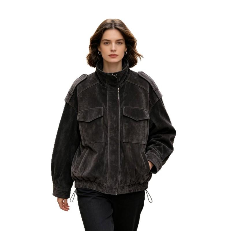 Женская Оверсайз Куртка из Искусственной Кожи в Винтажном Streetwear Стиле Материал ПУ Воротник-стойка Молния спереди Черный Хаки