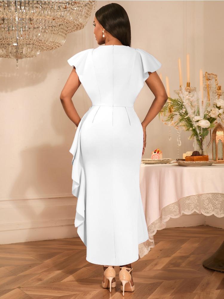 Women Luxury Guest Wedding Party Dresses Elegant V Neck Short Ruffles Sleeves Irregular Slit Bodycon Slim Classy Fashion Gowns