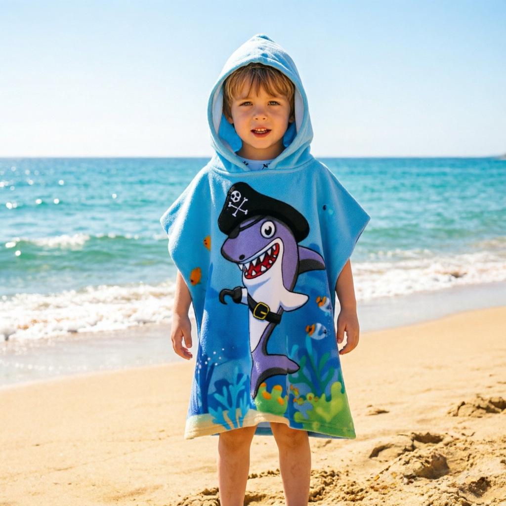 Ultra-Fine Fiber Cartoon Print Kids' Hooded Bath Towel Poncho
