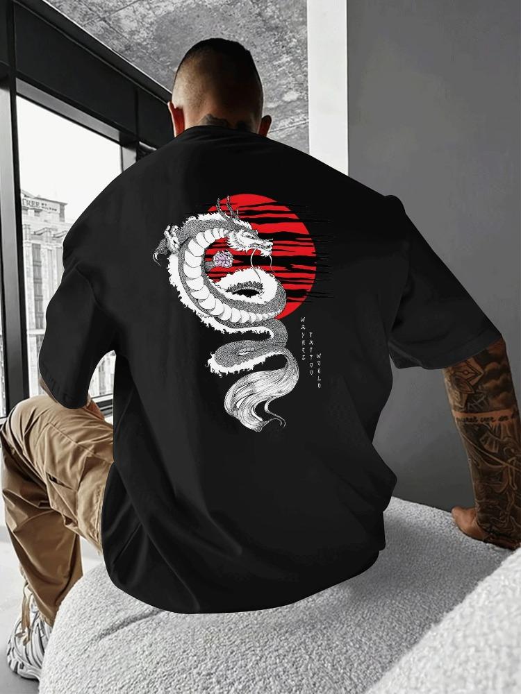 Unisex Summer Oversized T Shirt Japanese White Dragon Red Sun Print Streetwear Casual Short Sleeve Loose Fashion Male Daily Top